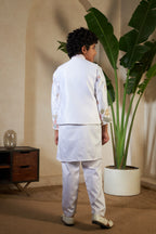 White Malai Satin Silk Embroidered Kurta with Jacket Set for Boys