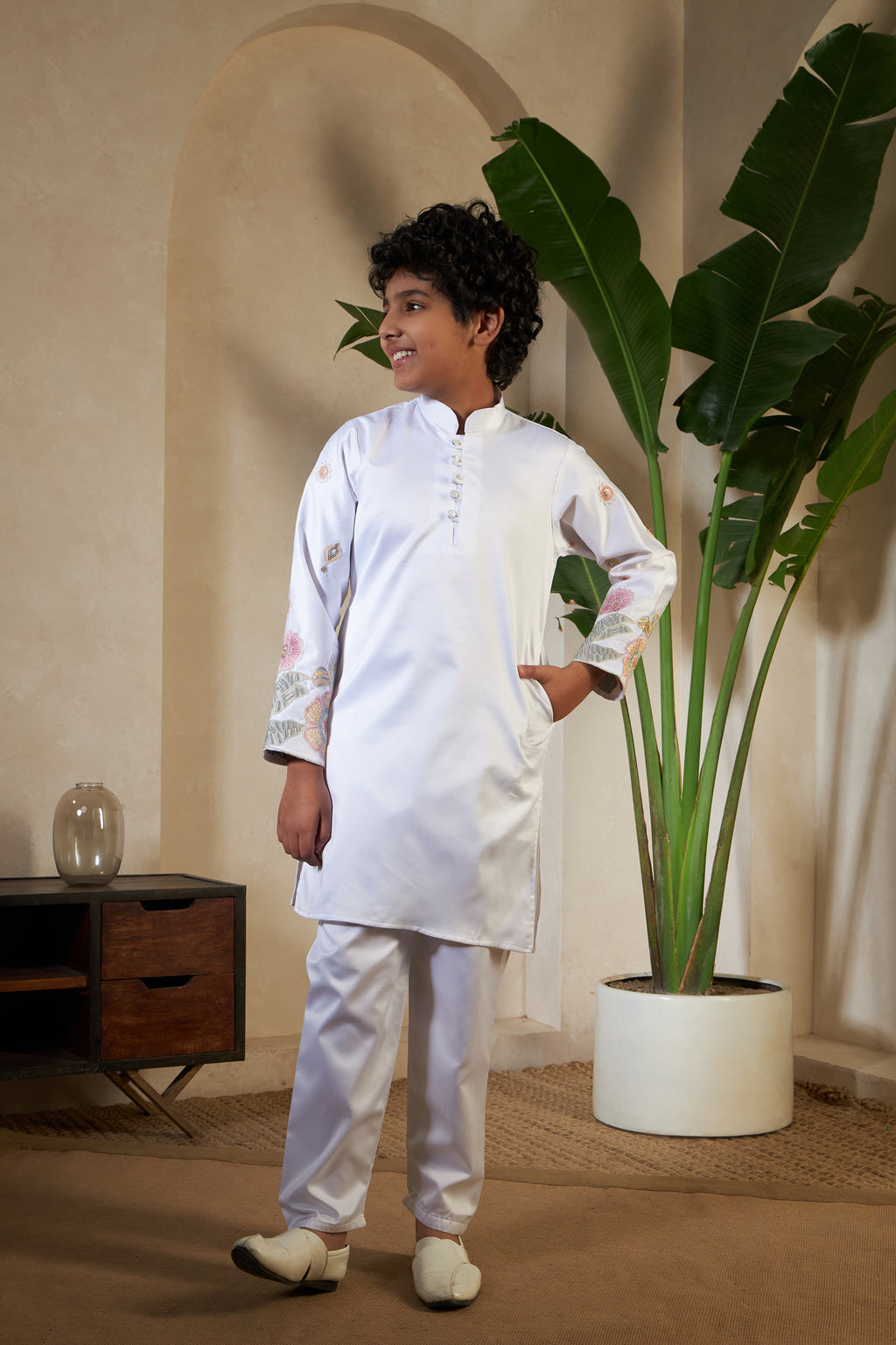White Malai Satin Silk Embroidered Kurta with Jacket Set for Boys
