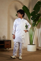 White Malai Satin Silk Embroidered Kurta with Jacket Set for Boys

