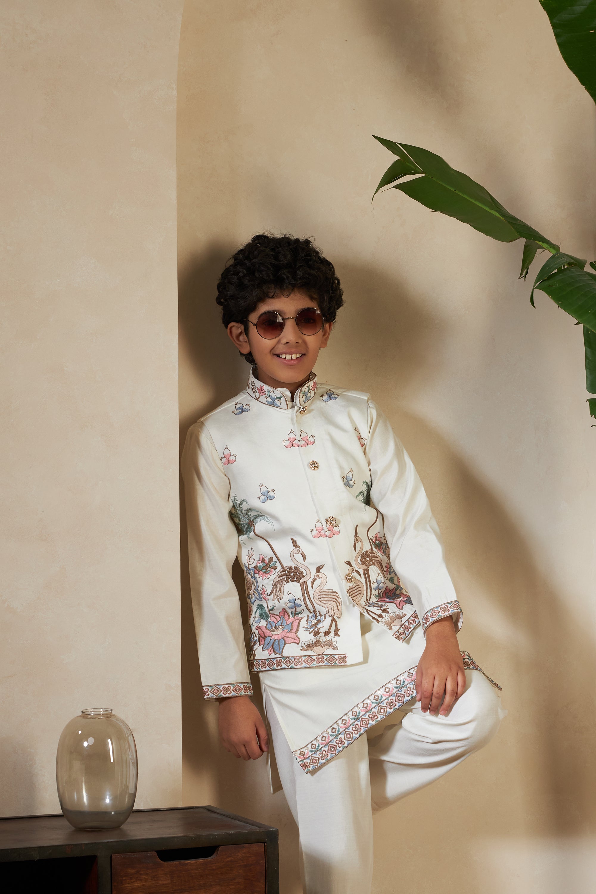 White Embroidered Koti Kurta Set for Boys
