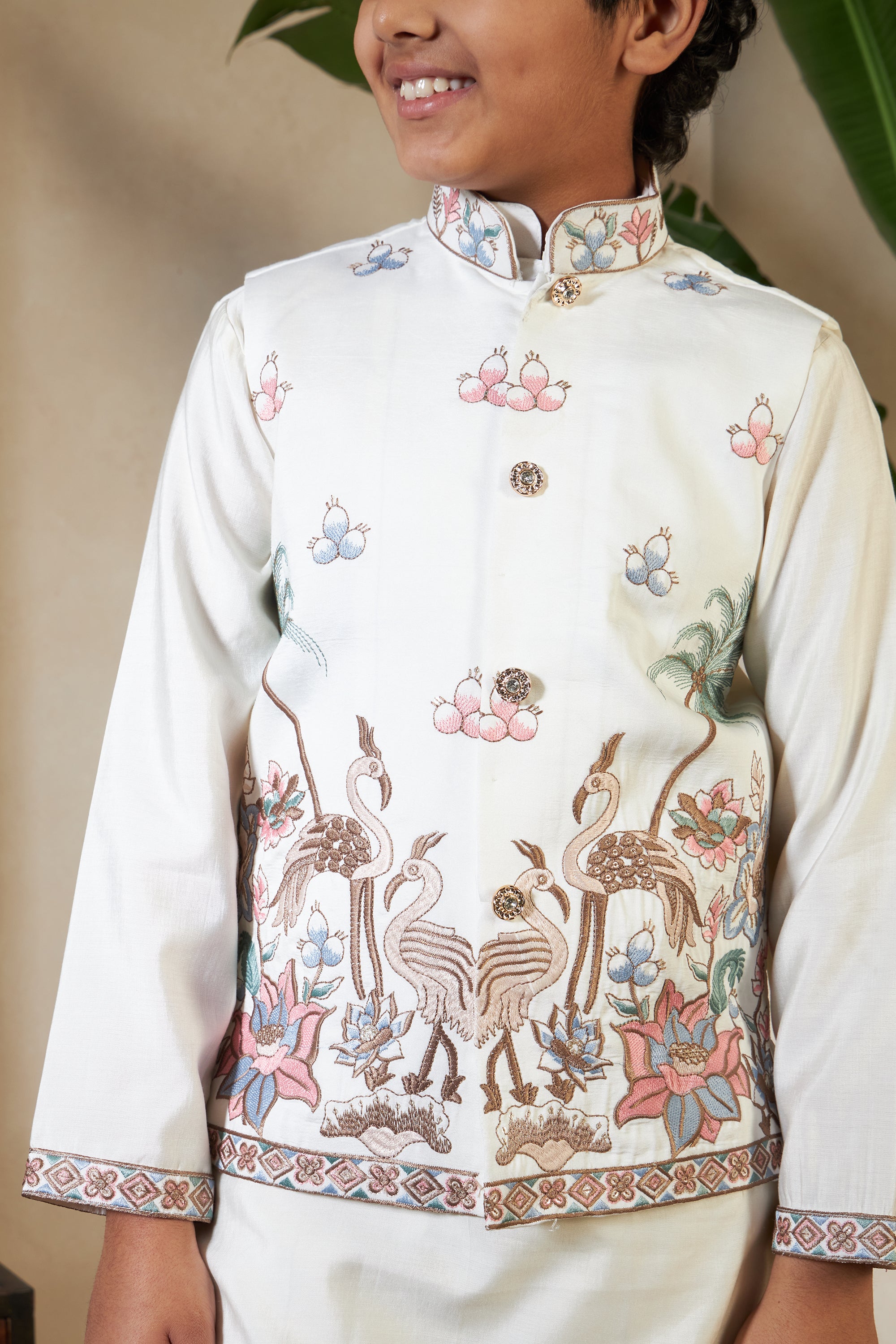 White Embroidered Koti Kurta Set for Boys
