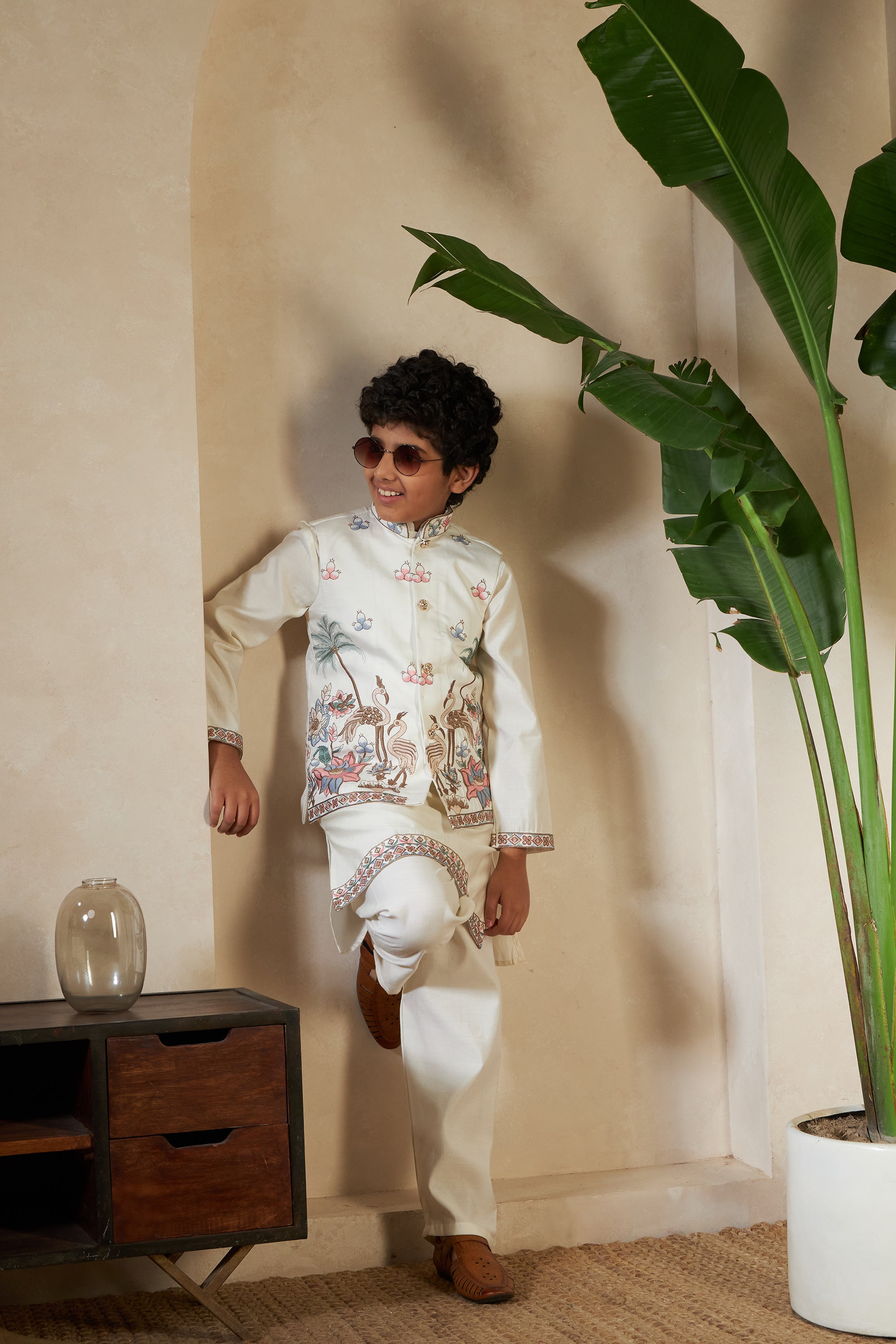 White Embroidered Koti Kurta Set for Boys
