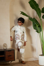 White Embroidered Koti Kurta Set for Boys
