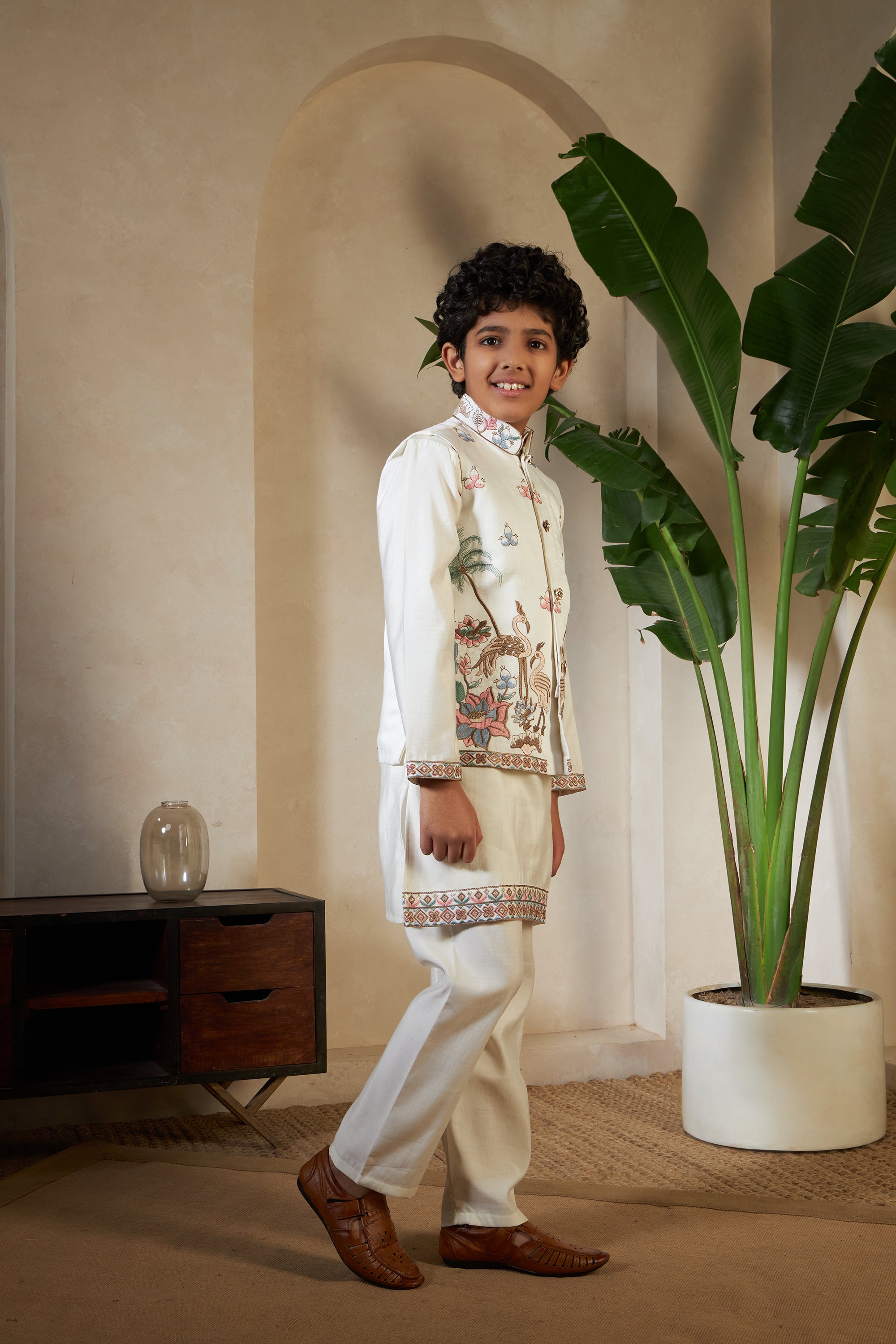 White Embroidered Koti Kurta Set for Boys