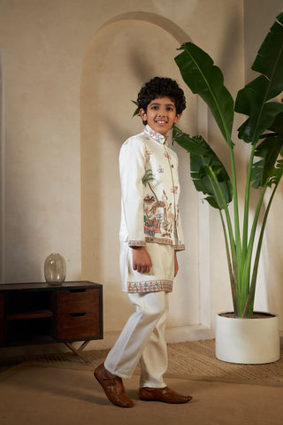 White Embroidered Koti Kurta Set for Boys