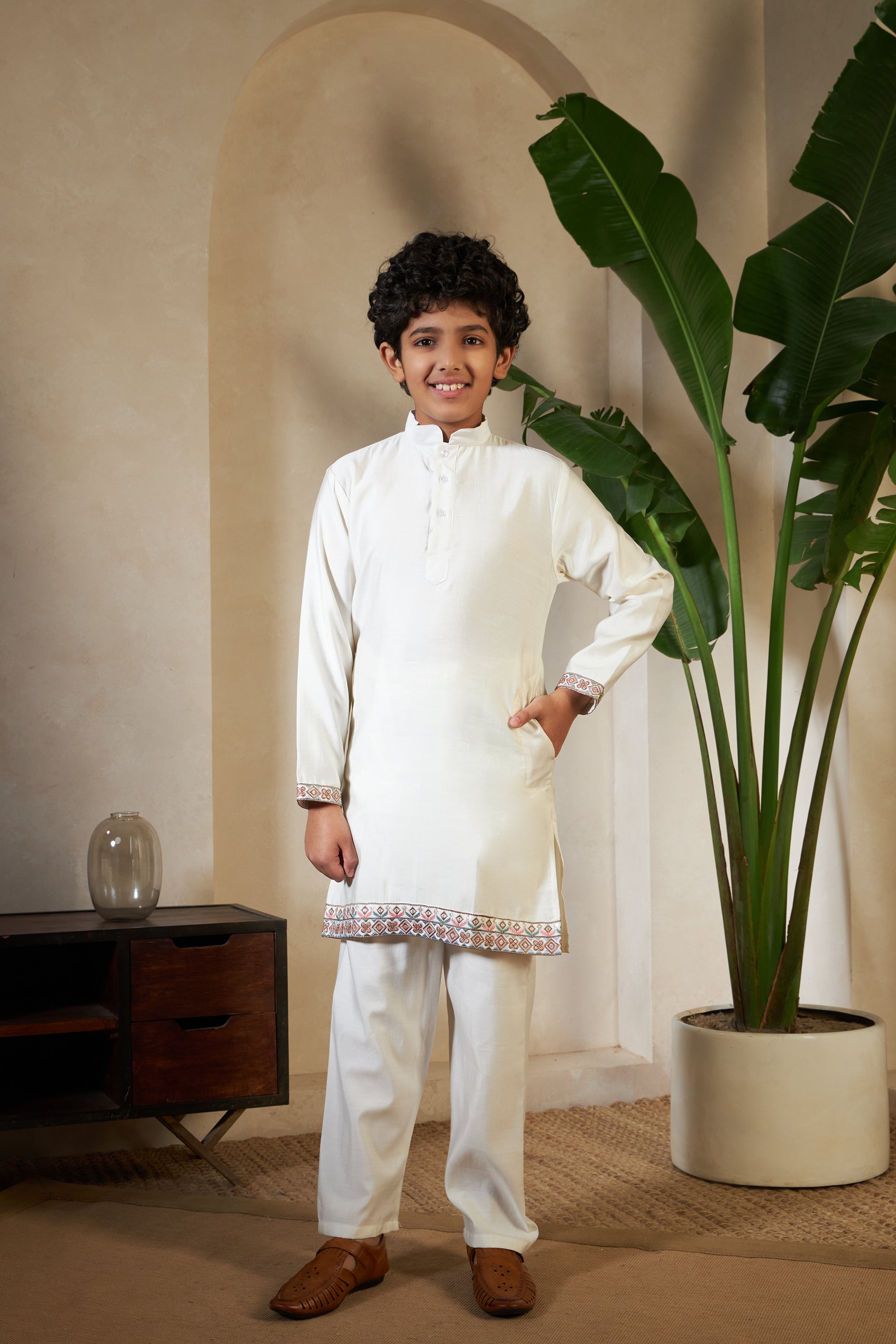 White Embroidered Koti Kurta Set for Boys
