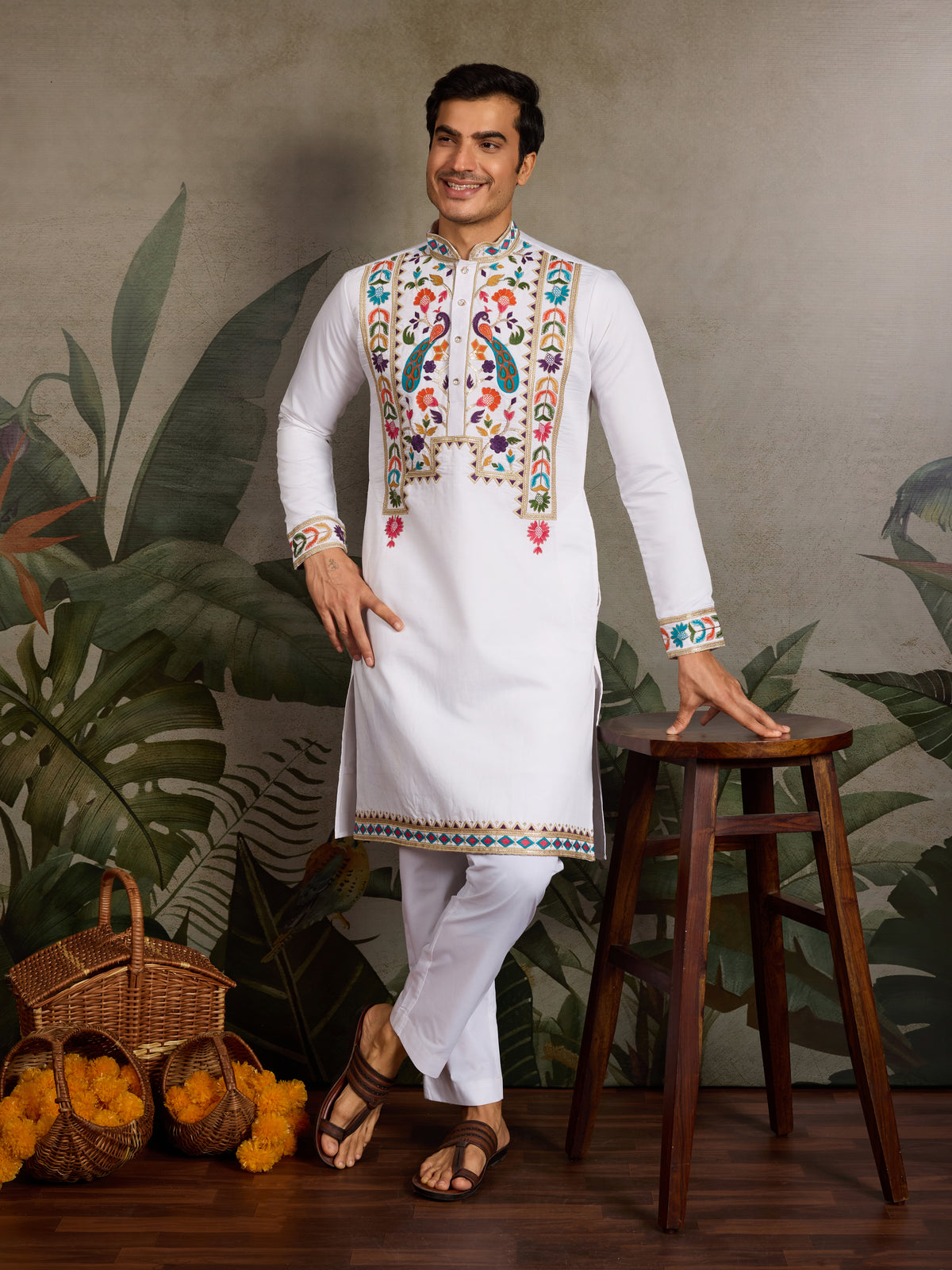 White Embroidered Mens Kurta for Special Events
