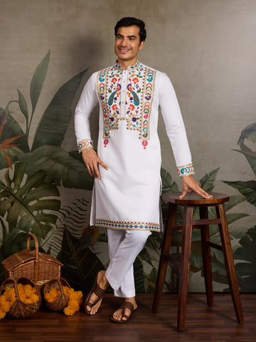 White Embroidered Mens Kurta for Special Events