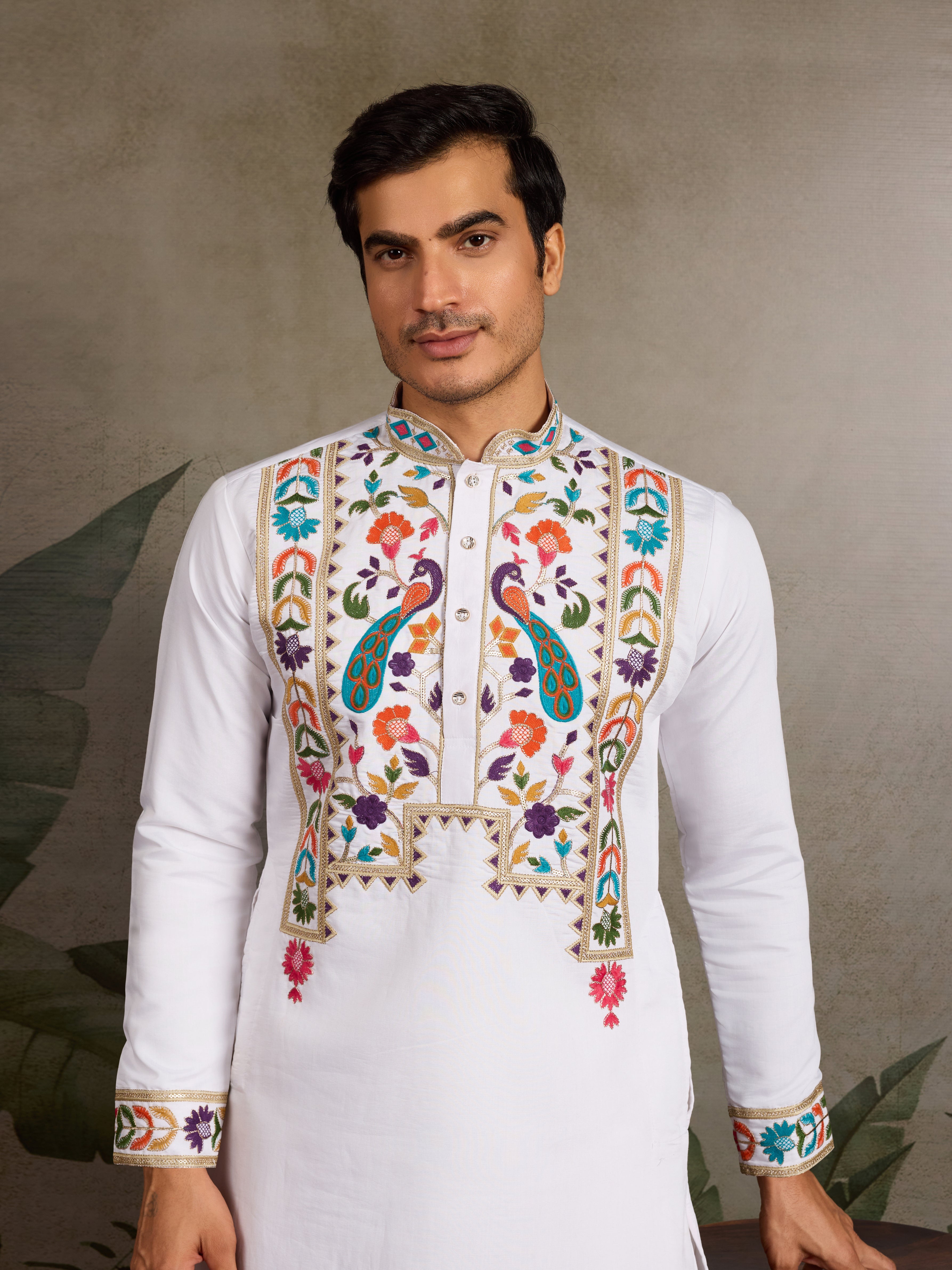 White Embroidered Mens Kurta for Special Events