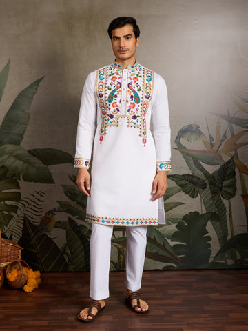 White Embroidered Mens Kurta for Special Events