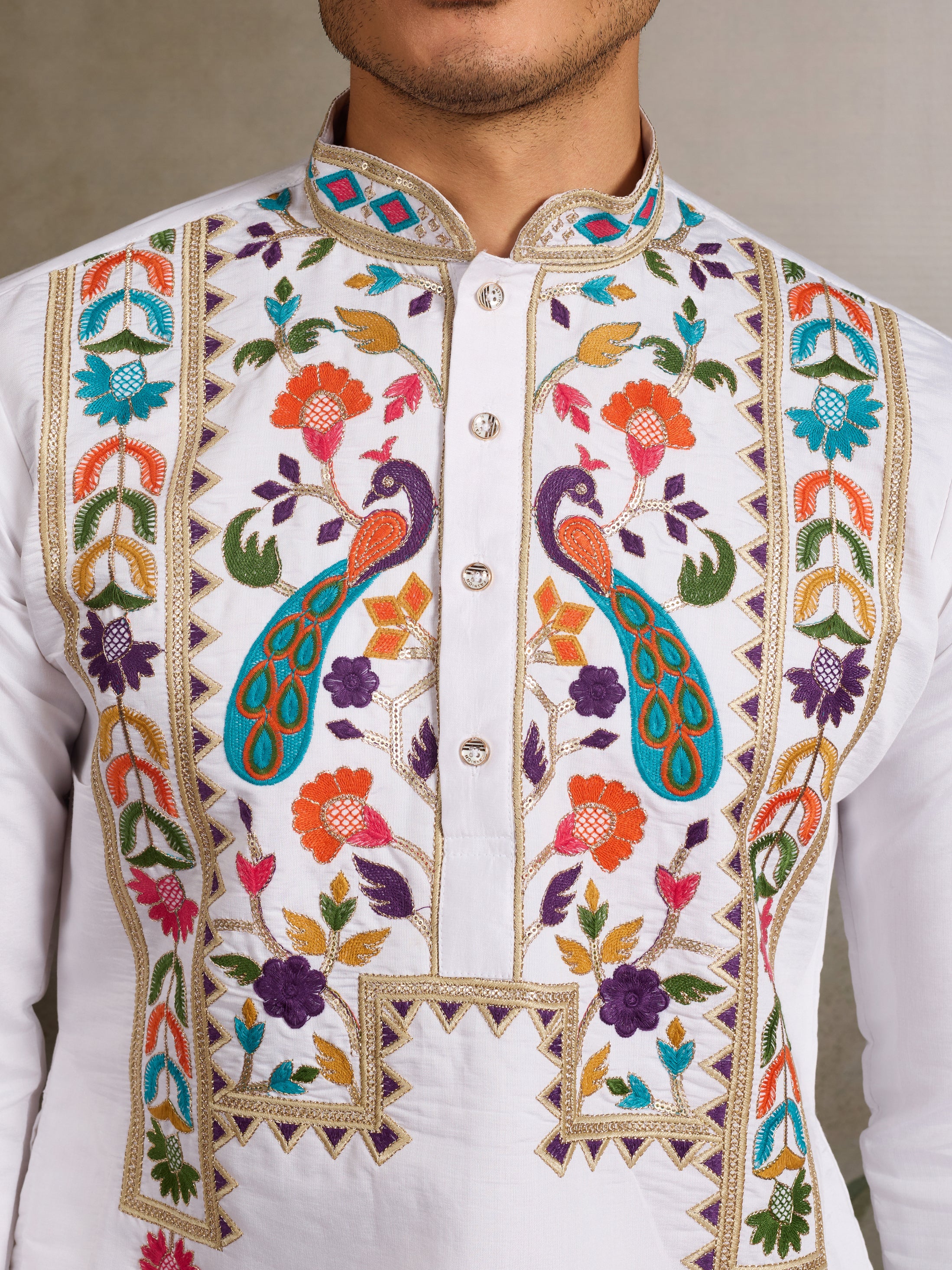 White Embroidered Mens Kurta for Special Events