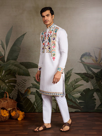 White Embroidered Mens Kurta for Special Events