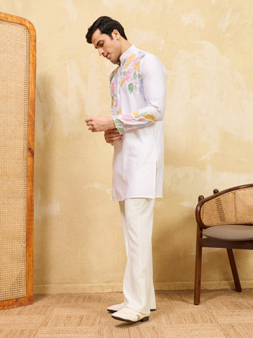 Elegant White Floral Embroidered Kurta Set for Men
