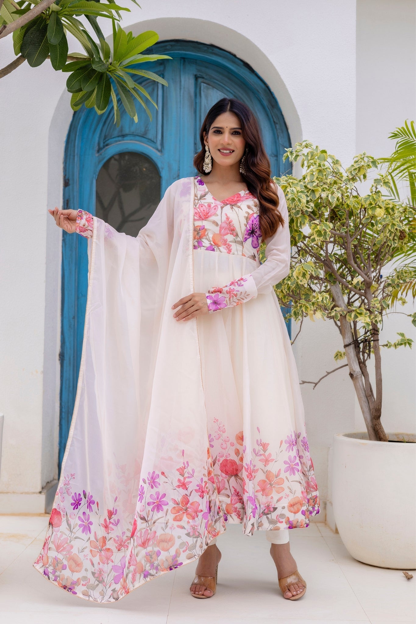 Luxury Floral Printed Organza Anarkali Set