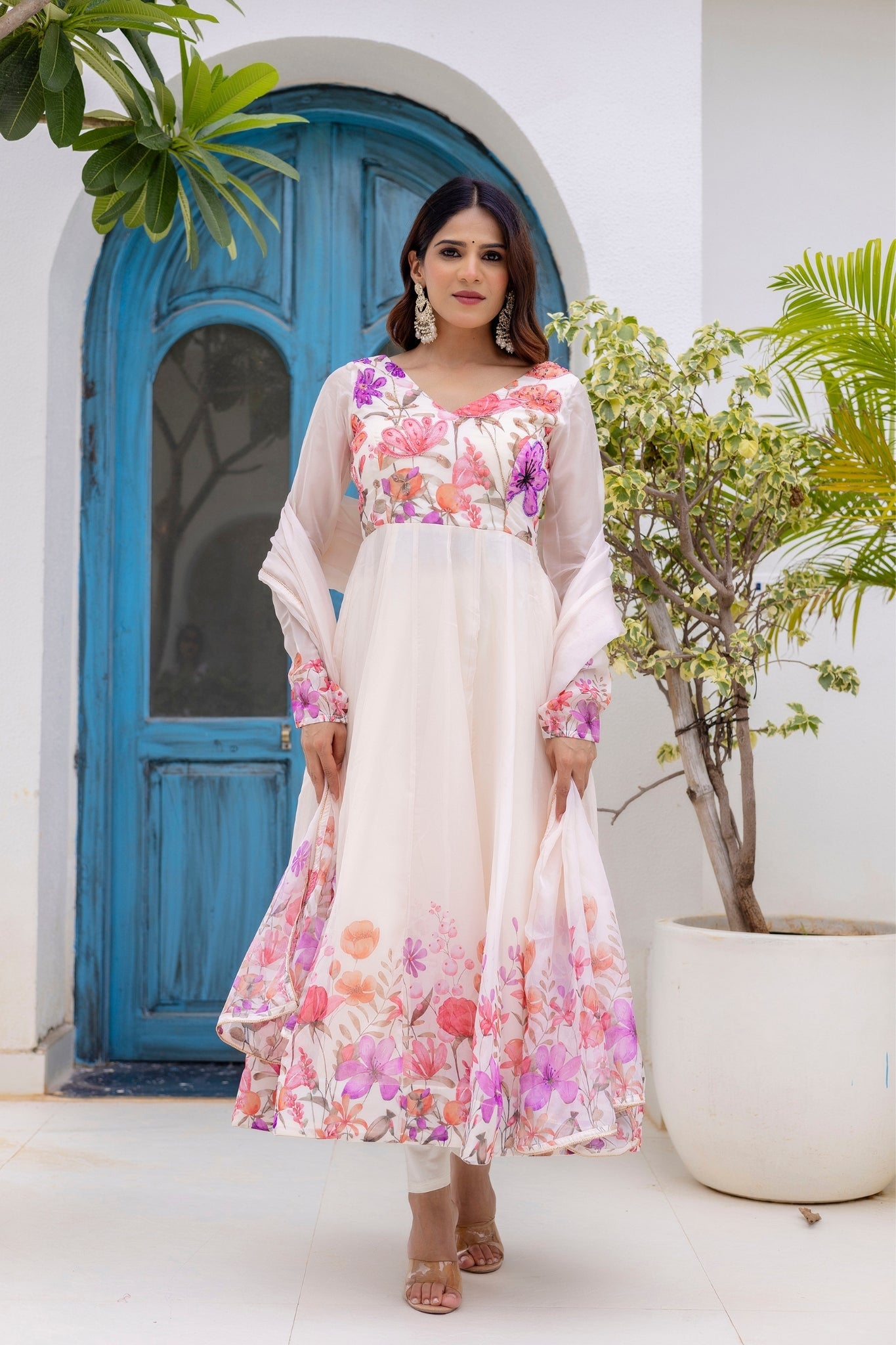 Luxury Floral Printed Organza Anarkali Set