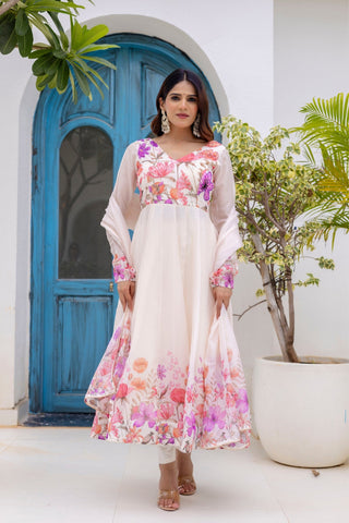 Luxury Floral Printed Organza Anarkali Set
