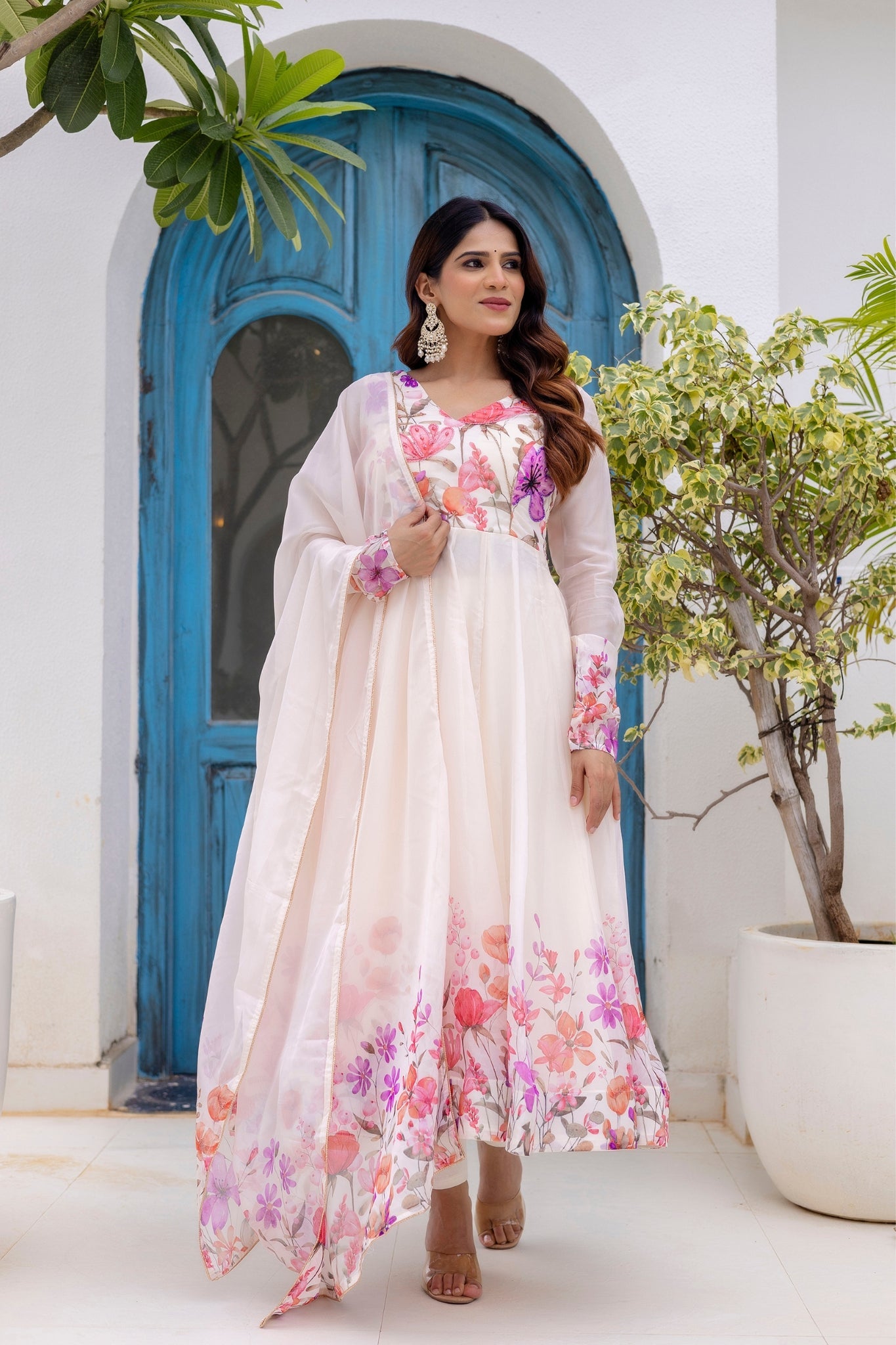 Luxury Floral Printed Organza Anarkali Set