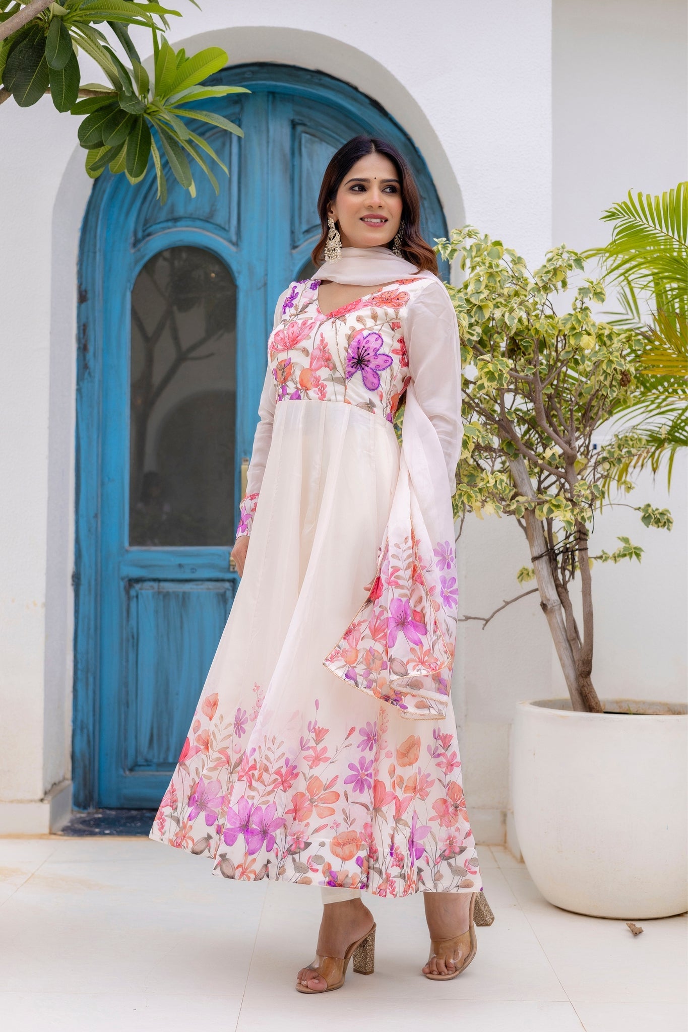 Luxury Floral Printed Organza Anarkali Set