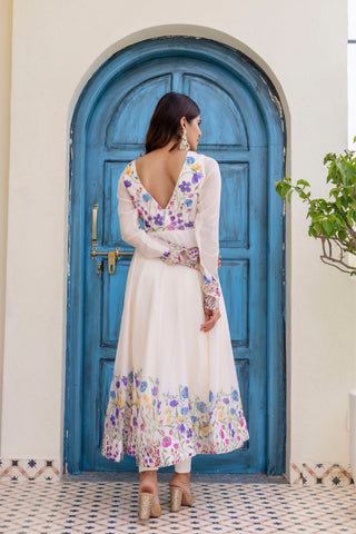 Ivory Floral Printed Organza Anarkali Set With Dupatta