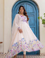Ivory Floral Printed Organza Anarkali Set With Dupatta