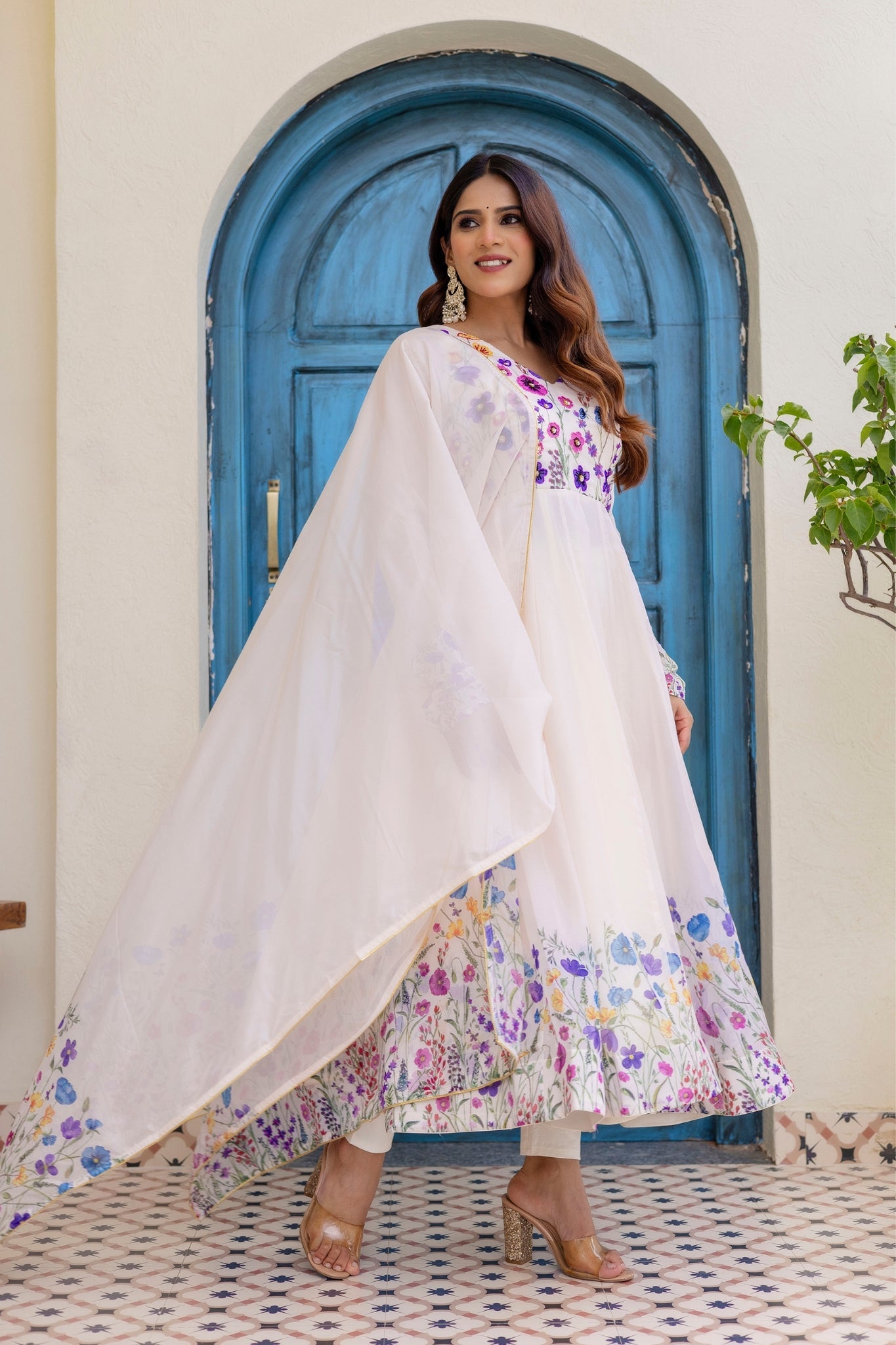 Ivory Floral Printed Organza Anarkali Set With Dupatta