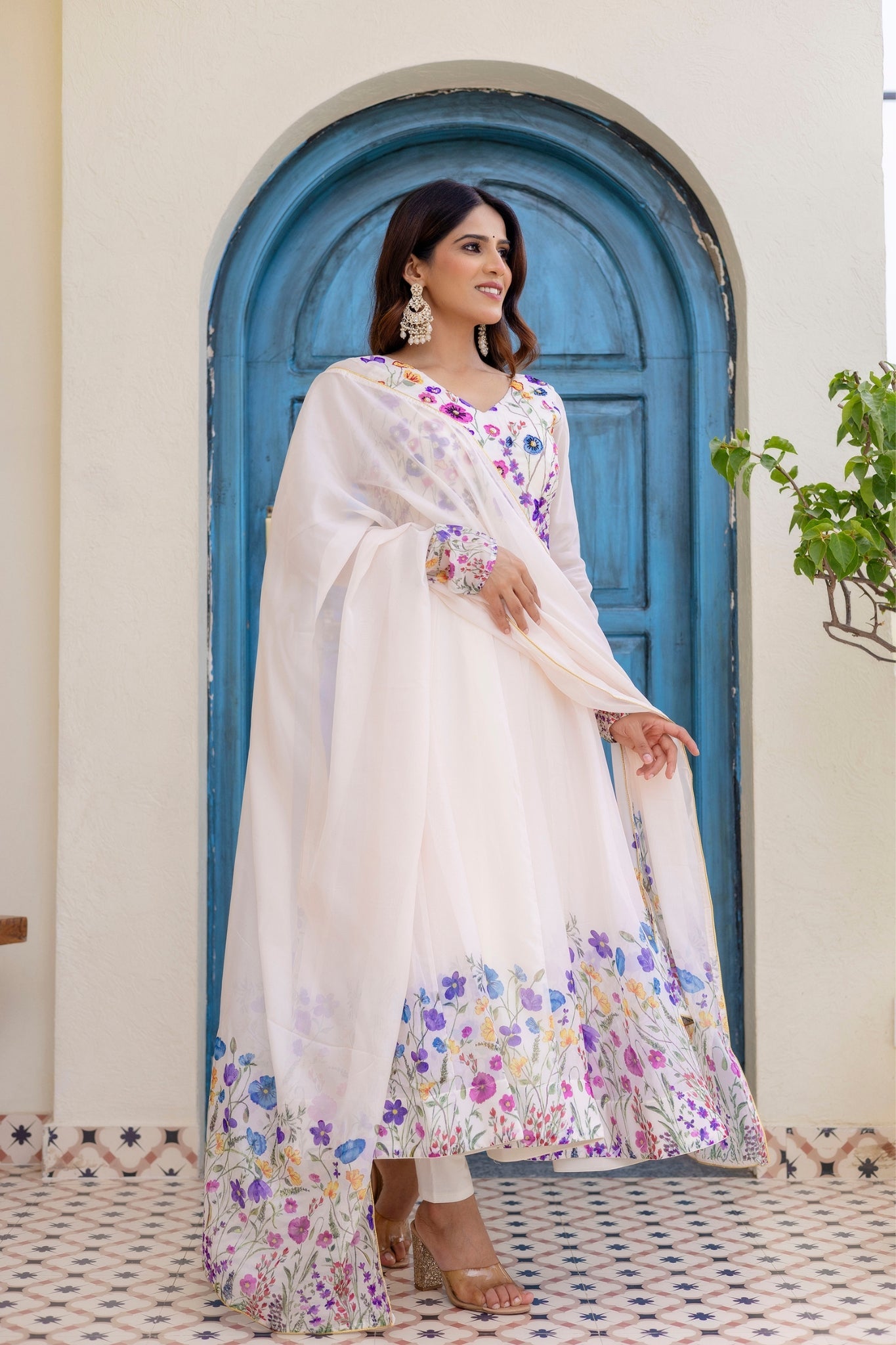 Ivory Floral Printed Organza Anarkali Set With Dupatta