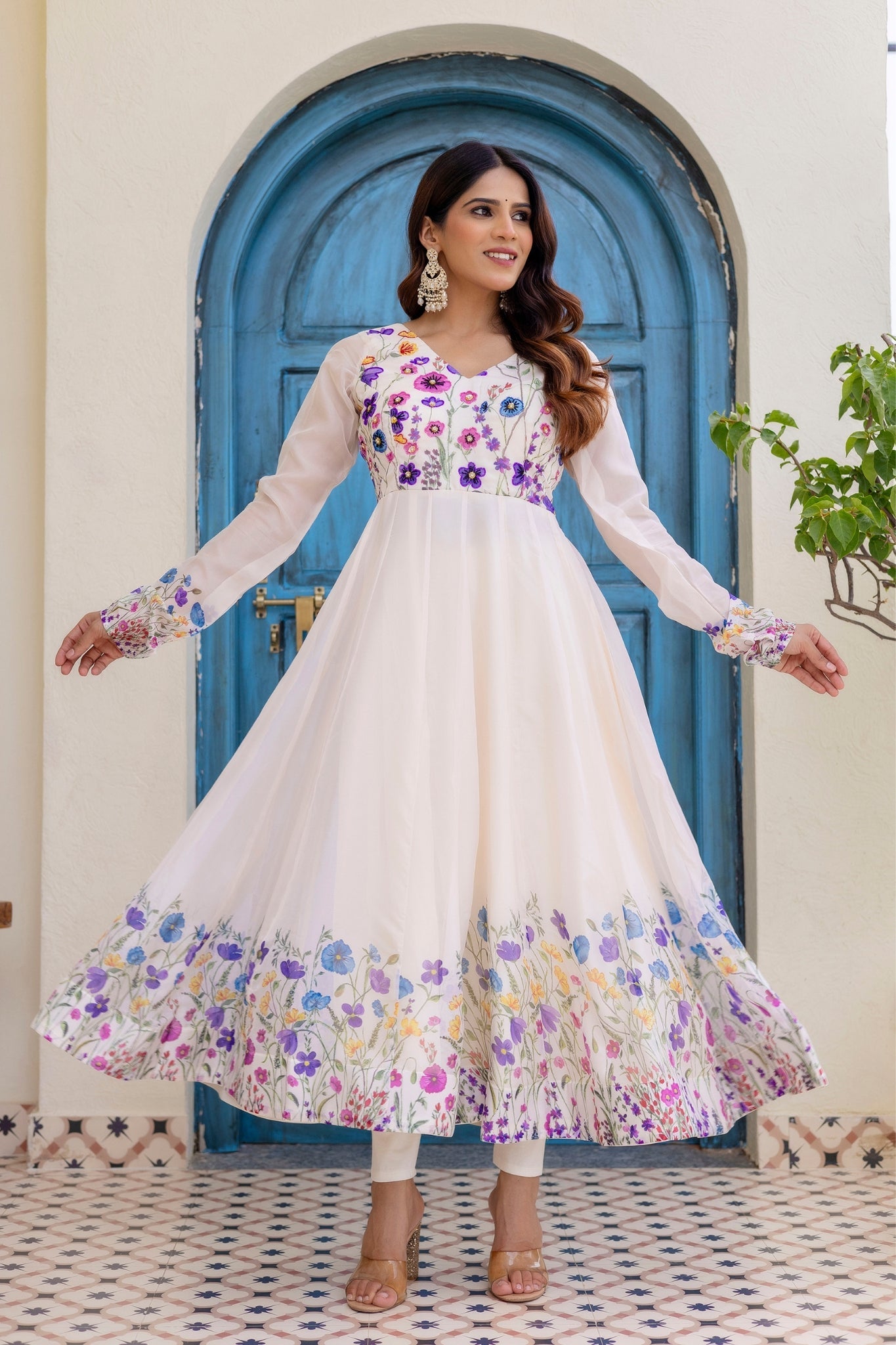 Ivory Floral Printed Organza Anarkali Set With Dupatta