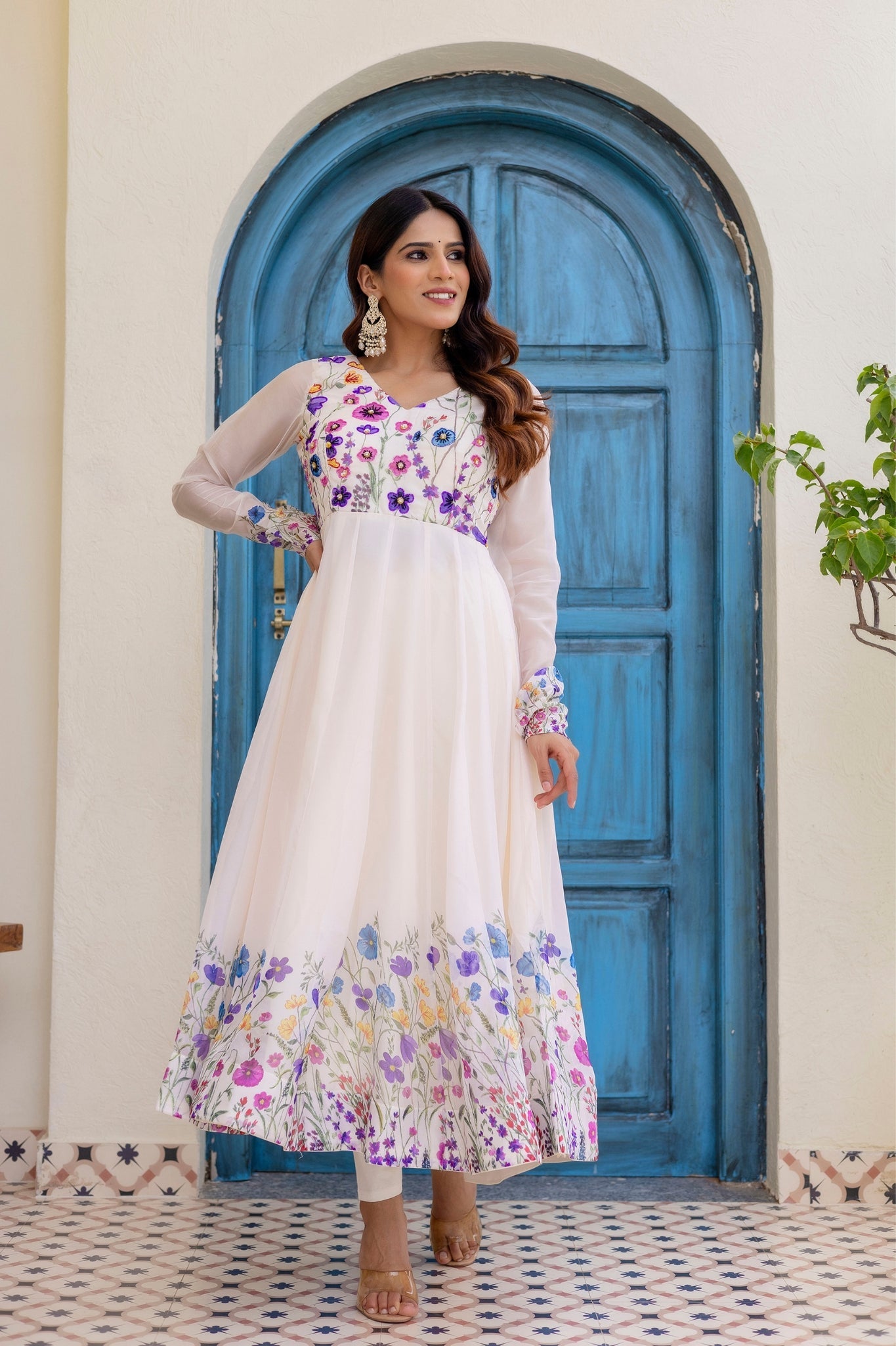Ivory Floral Printed Organza Anarkali Set With Dupatta