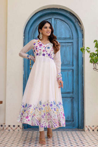 Ivory Floral Printed Organza Anarkali Set With Dupatta