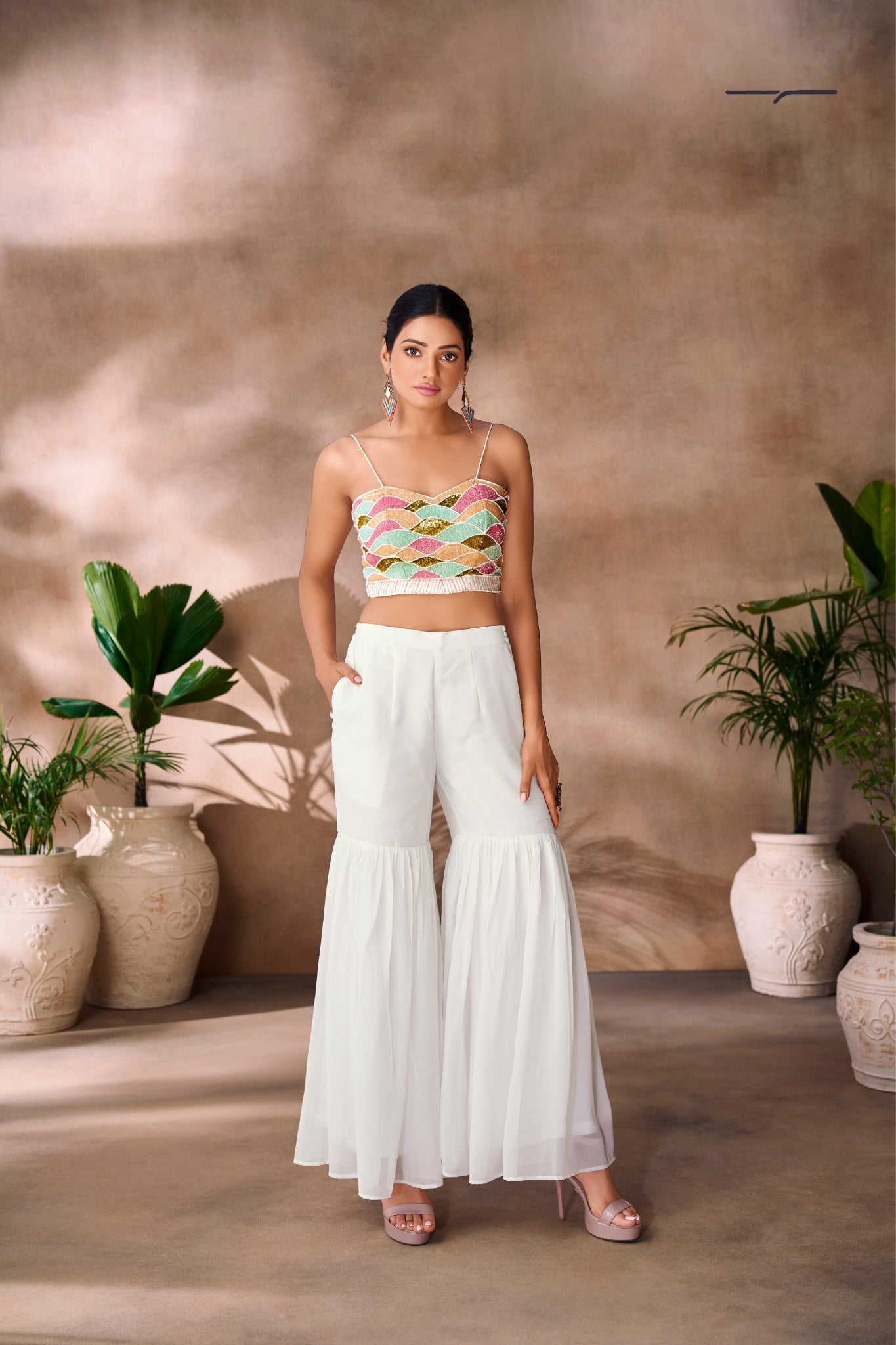 Pristine White Georgette Hand Embellished Designer Co-Ord Set