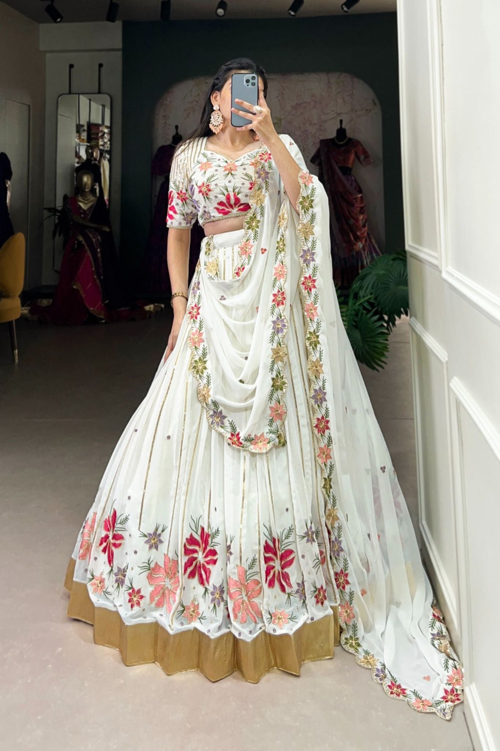 White Georgette Tread Embroidery Work Lehenga Choli
