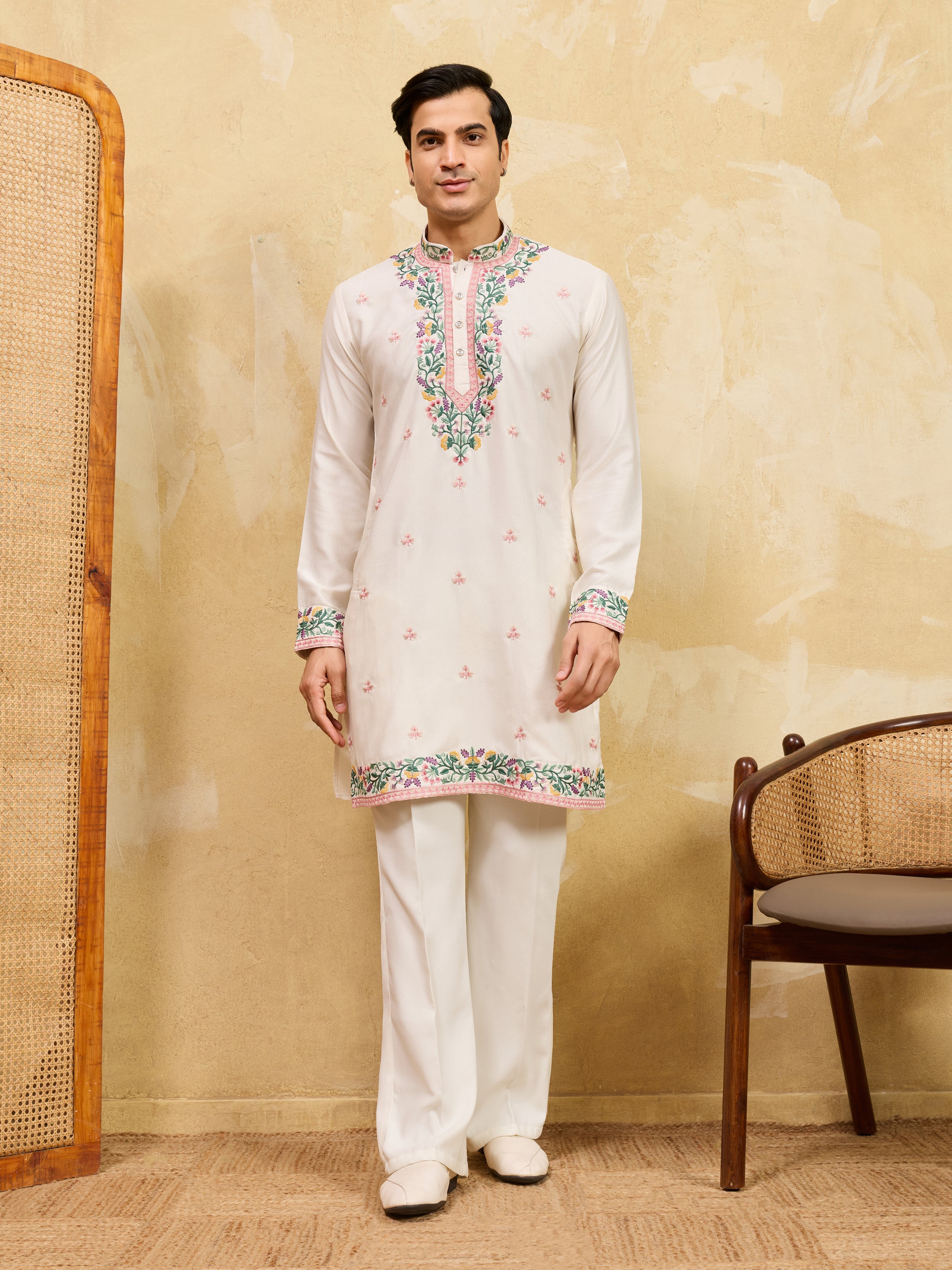 Luxury White Khadi Silk Embroidered Kurta Set For Wedding