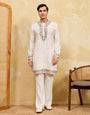 Luxury White Khadi Silk Embroidered Kurta Set For Wedding