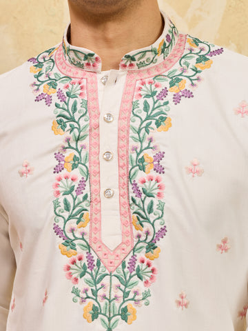 Luxury White Khadi Silk Embroidered Kurta Set For Wedding