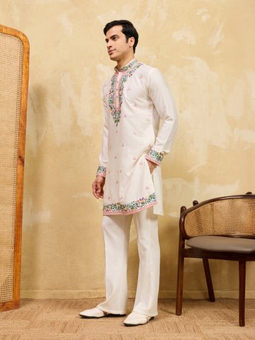 Luxury White Khadi Silk Embroidered Kurta Set For Wedding