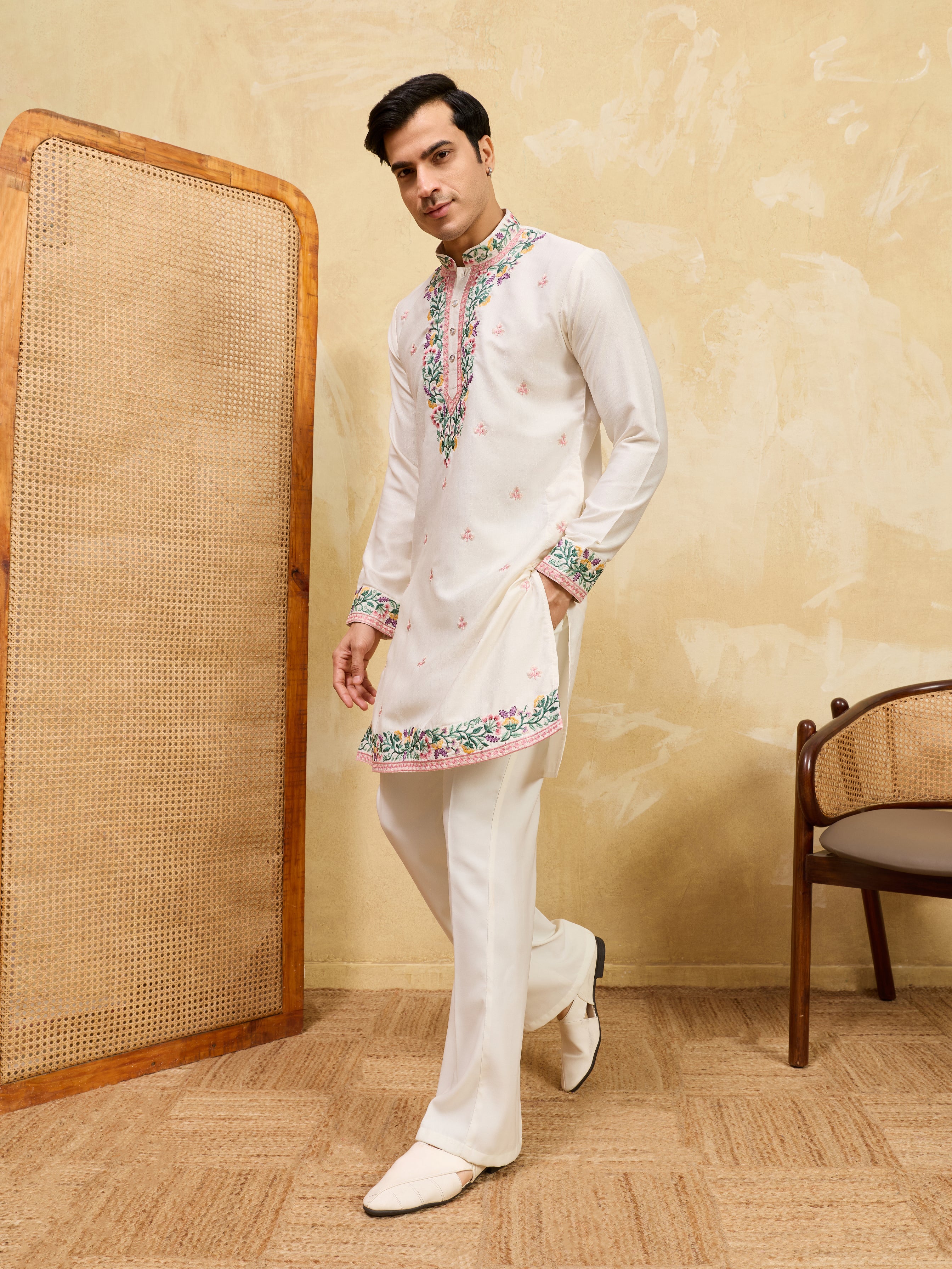 Luxury White Khadi Silk Embroidered Kurta Set For Wedding