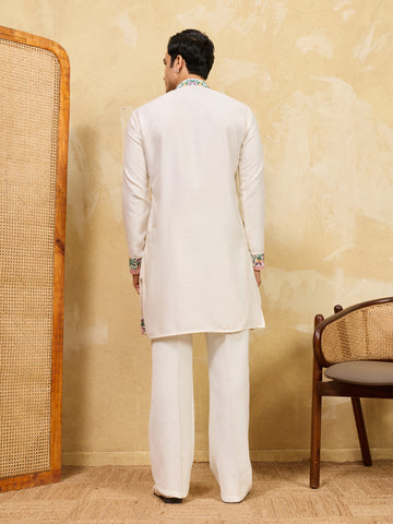 Luxury White Khadi Silk Embroidered Kurta Set For Wedding
