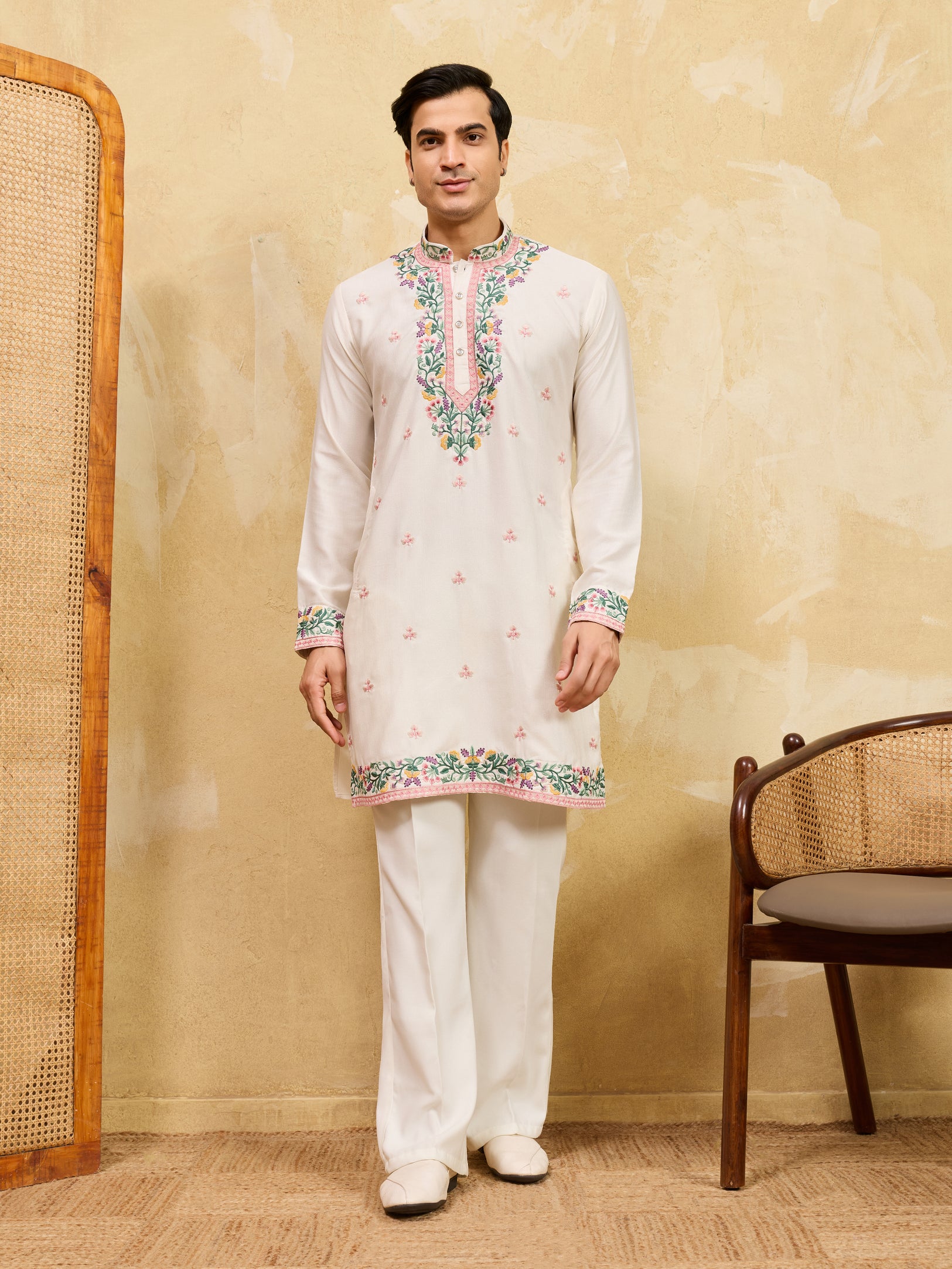 Luxury White Khadi Silk Embroidered Kurta Set For Wedding
