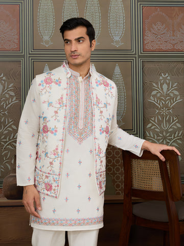Ethnic White Embroidered Koti Kurta Set for Men
