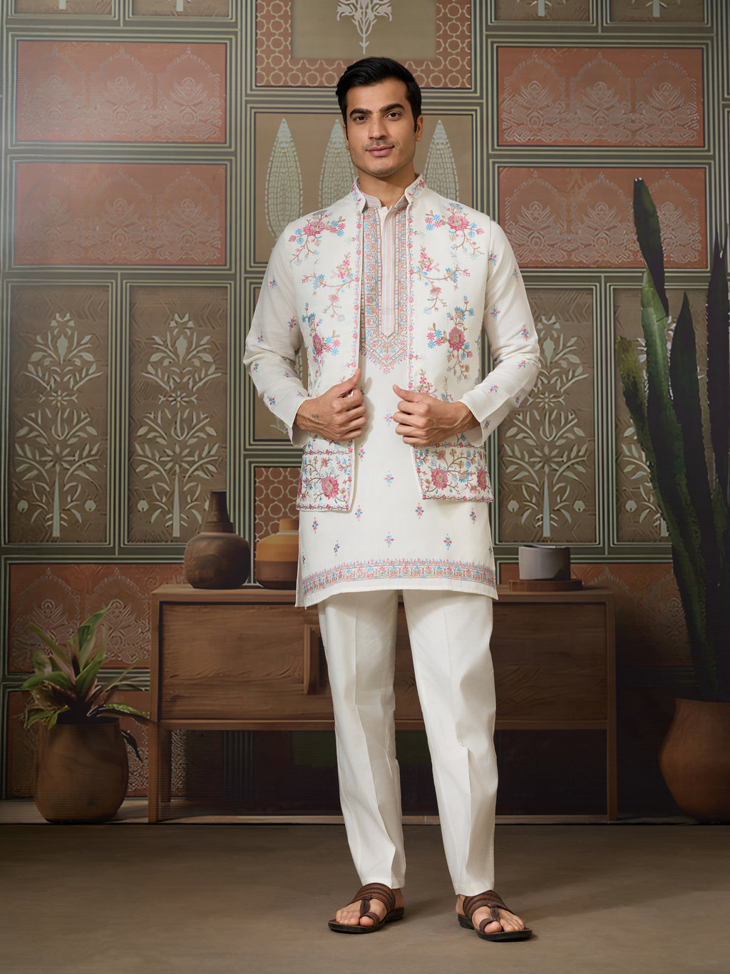 Ethnic White Embroidered Koti Kurta Set for Men
