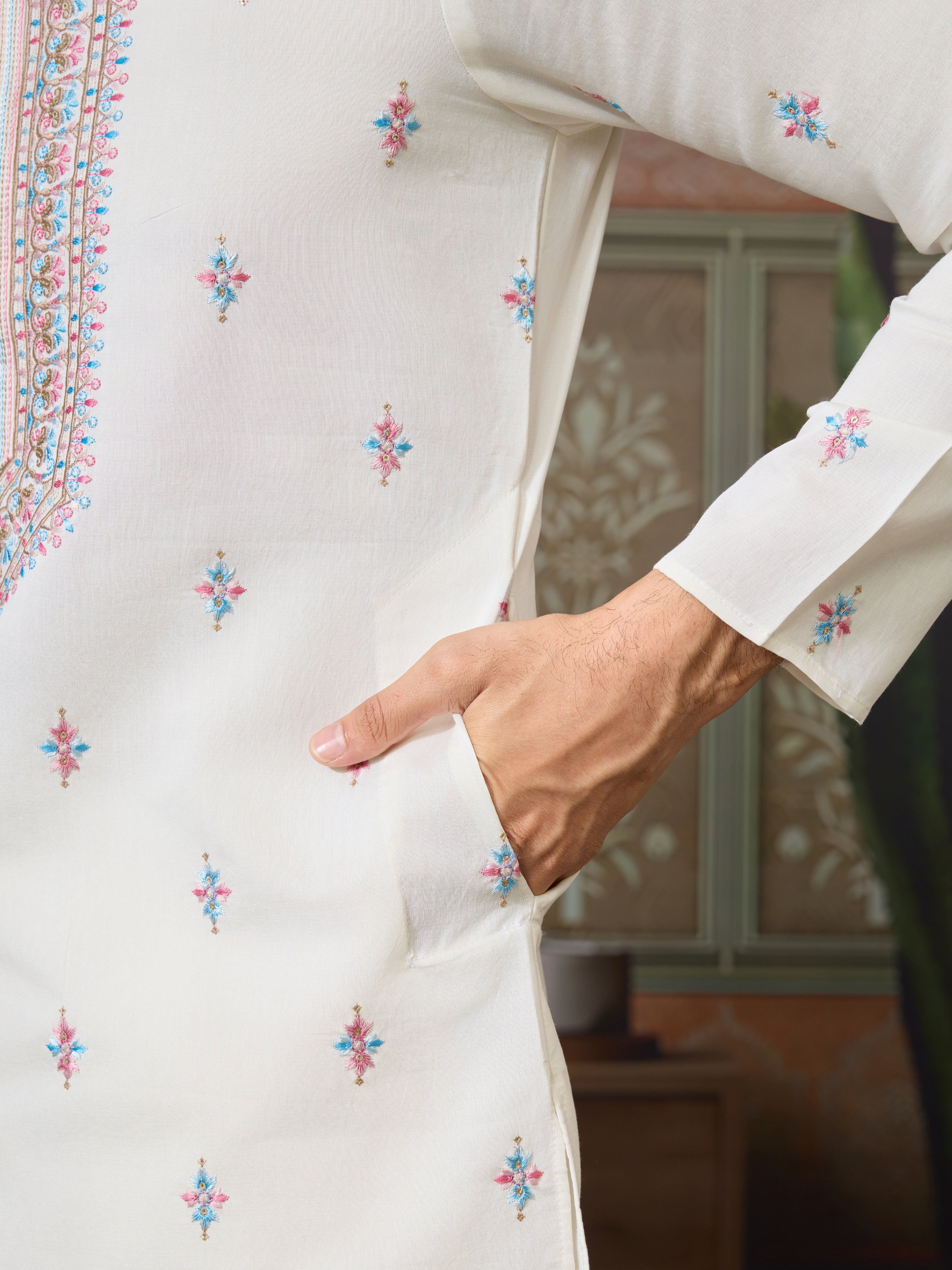 Ethnic White Embroidered Koti Kurta Set for Men
