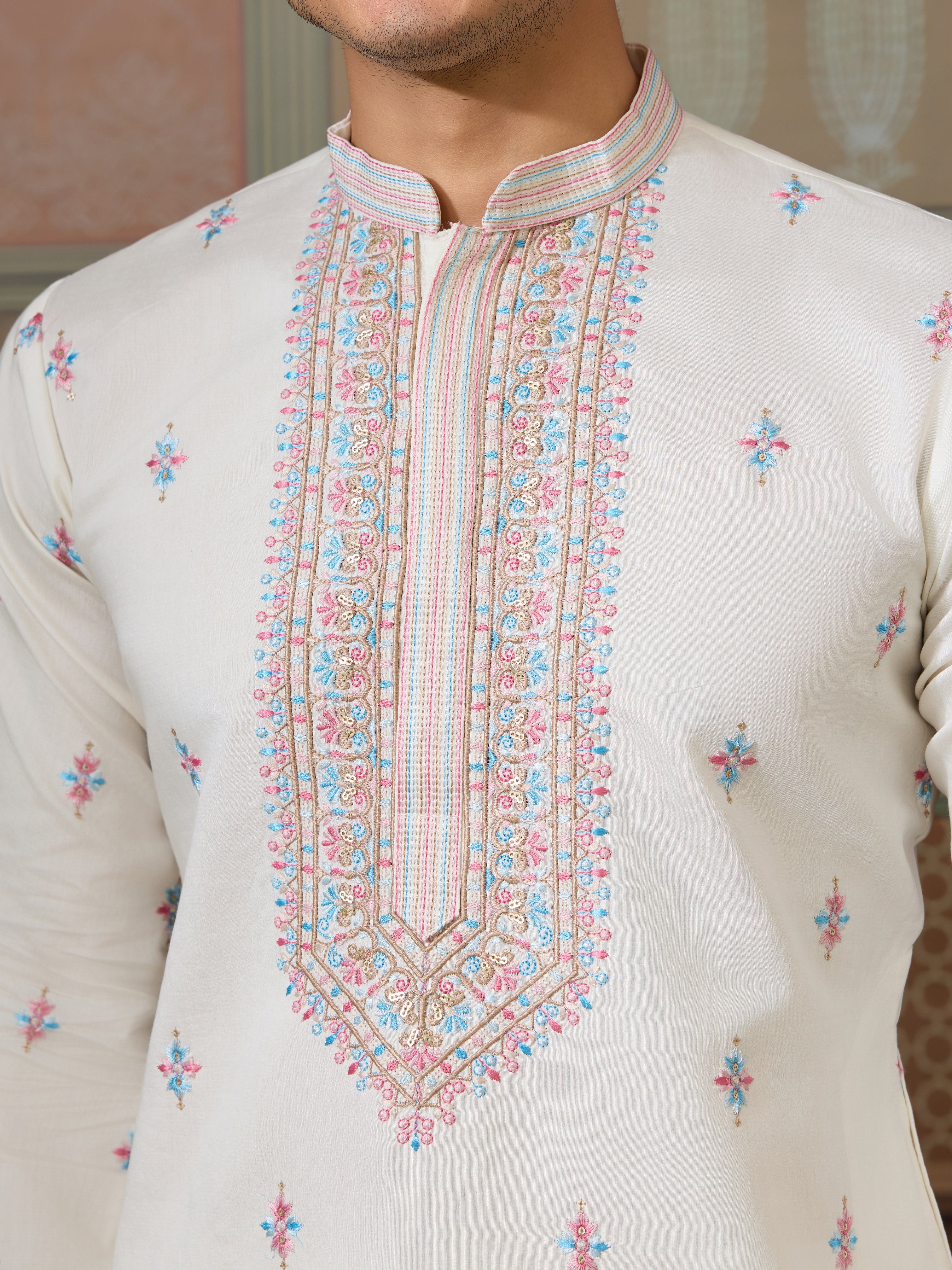 Ethnic White Embroidered Koti Kurta Set for Men
