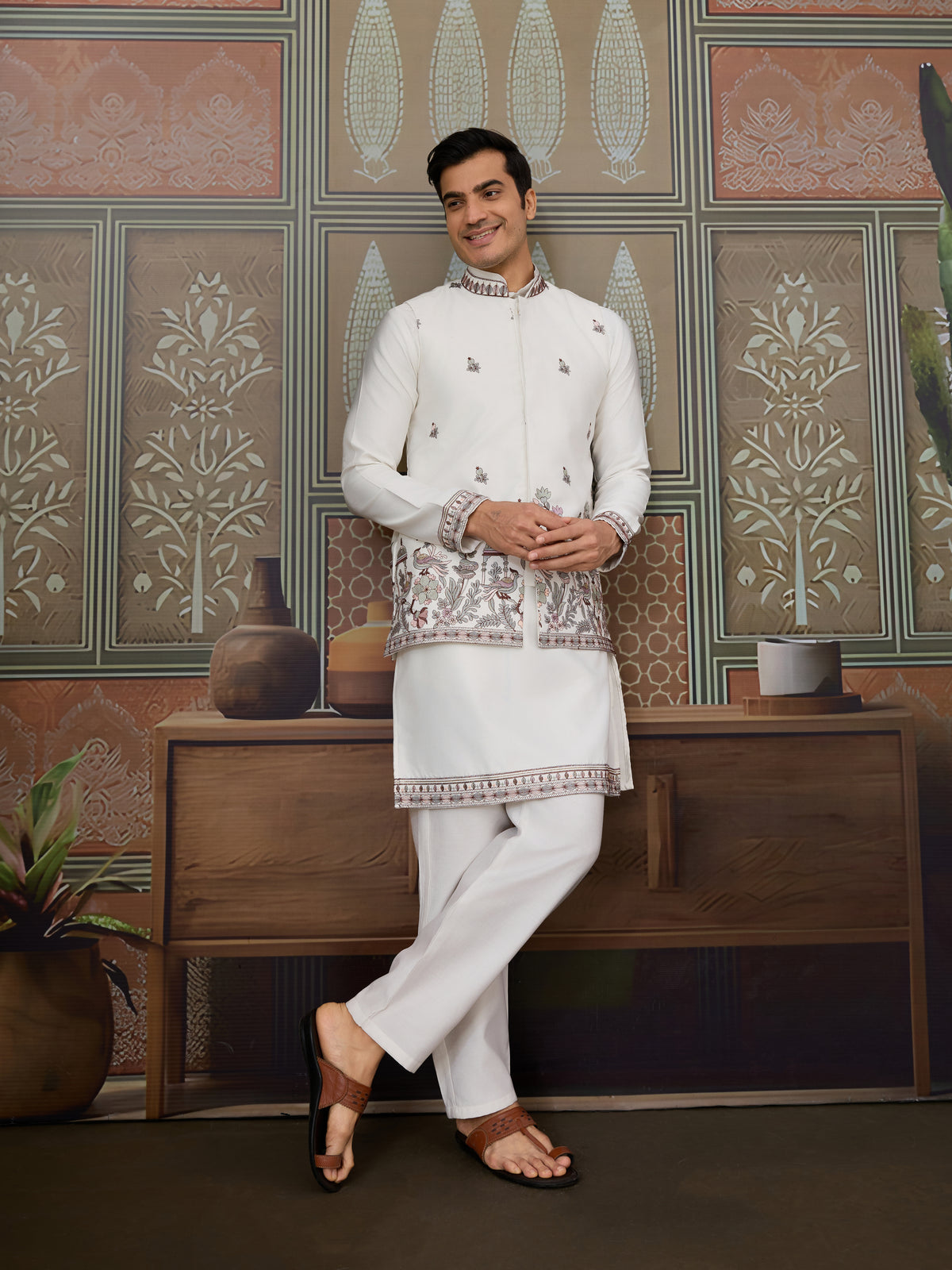 Latest Embroidered Designer White Koti Kurta Set for Mens
