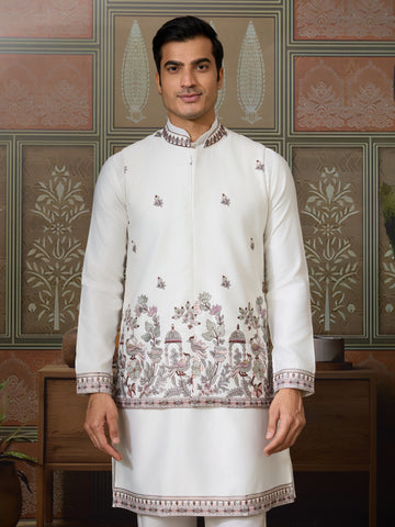 Latest Embroidered Designer White Koti Kurta Set for Mens