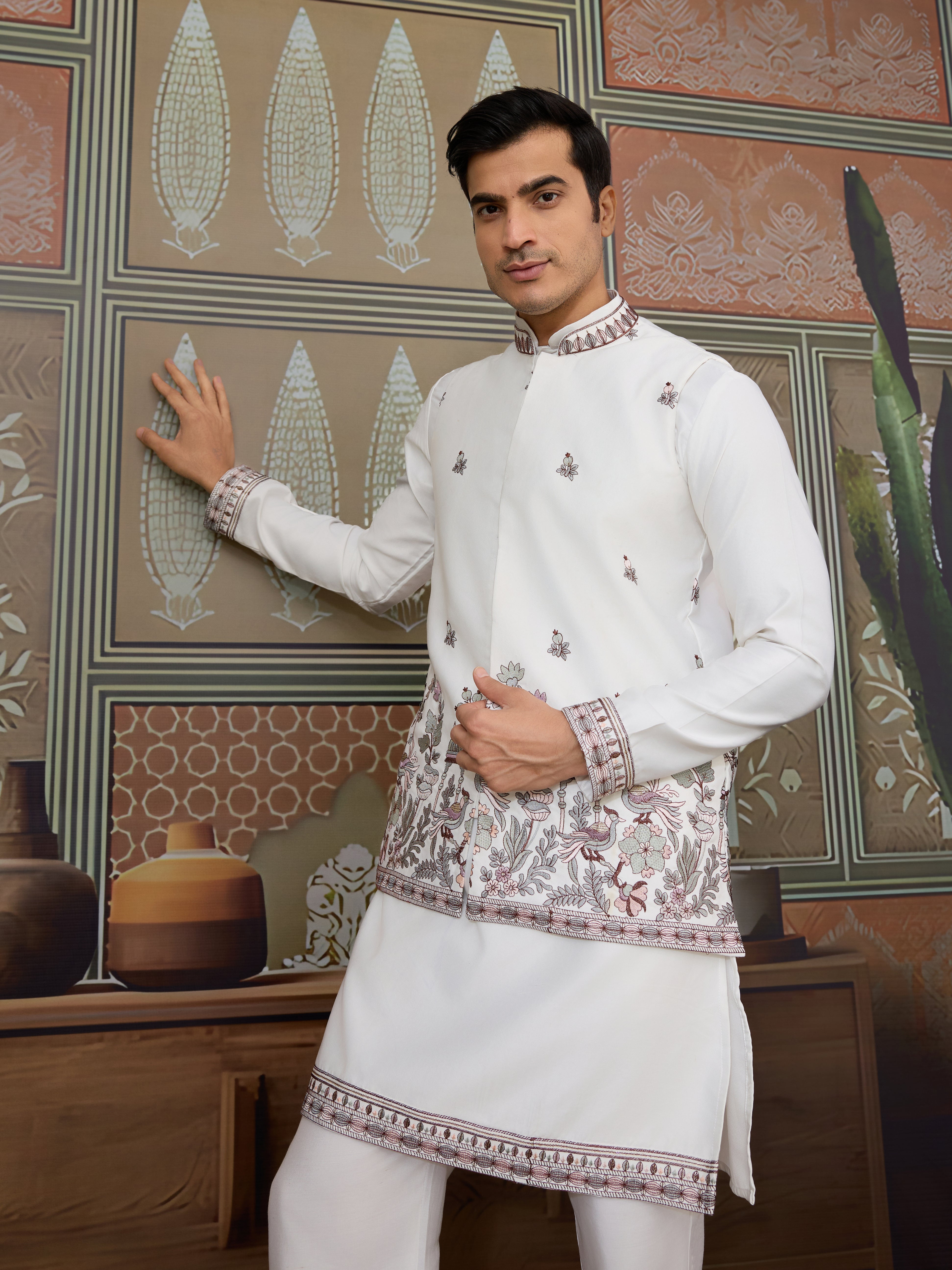 Latest Embroidered Designer White Koti Kurta Set for Mens