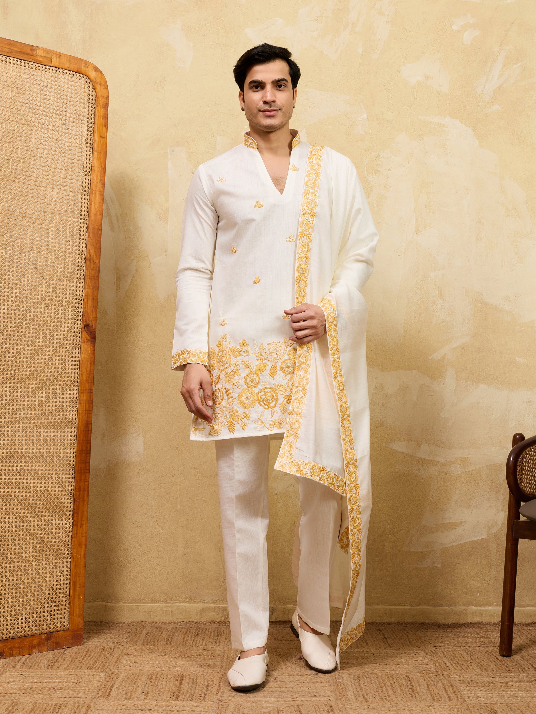 White Viscose Silk Kurta Dupatta Set With Yellow Embroidery Work
