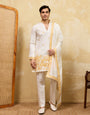 White Viscose Silk Kurta Dupatta Set With Yellow Embroidery Work