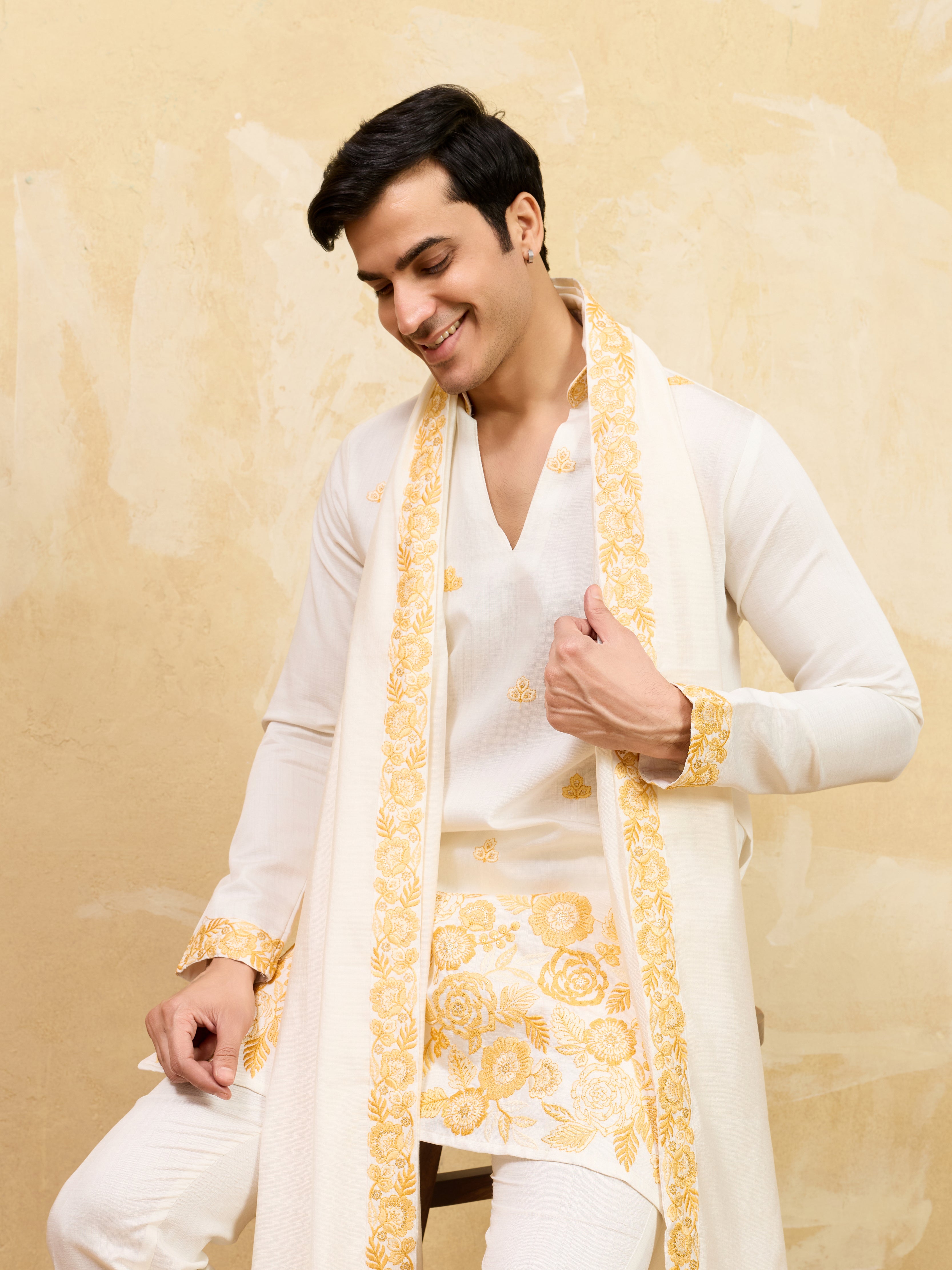 White Viscose Silk Kurta Dupatta Set With Yellow Embroidery Work
