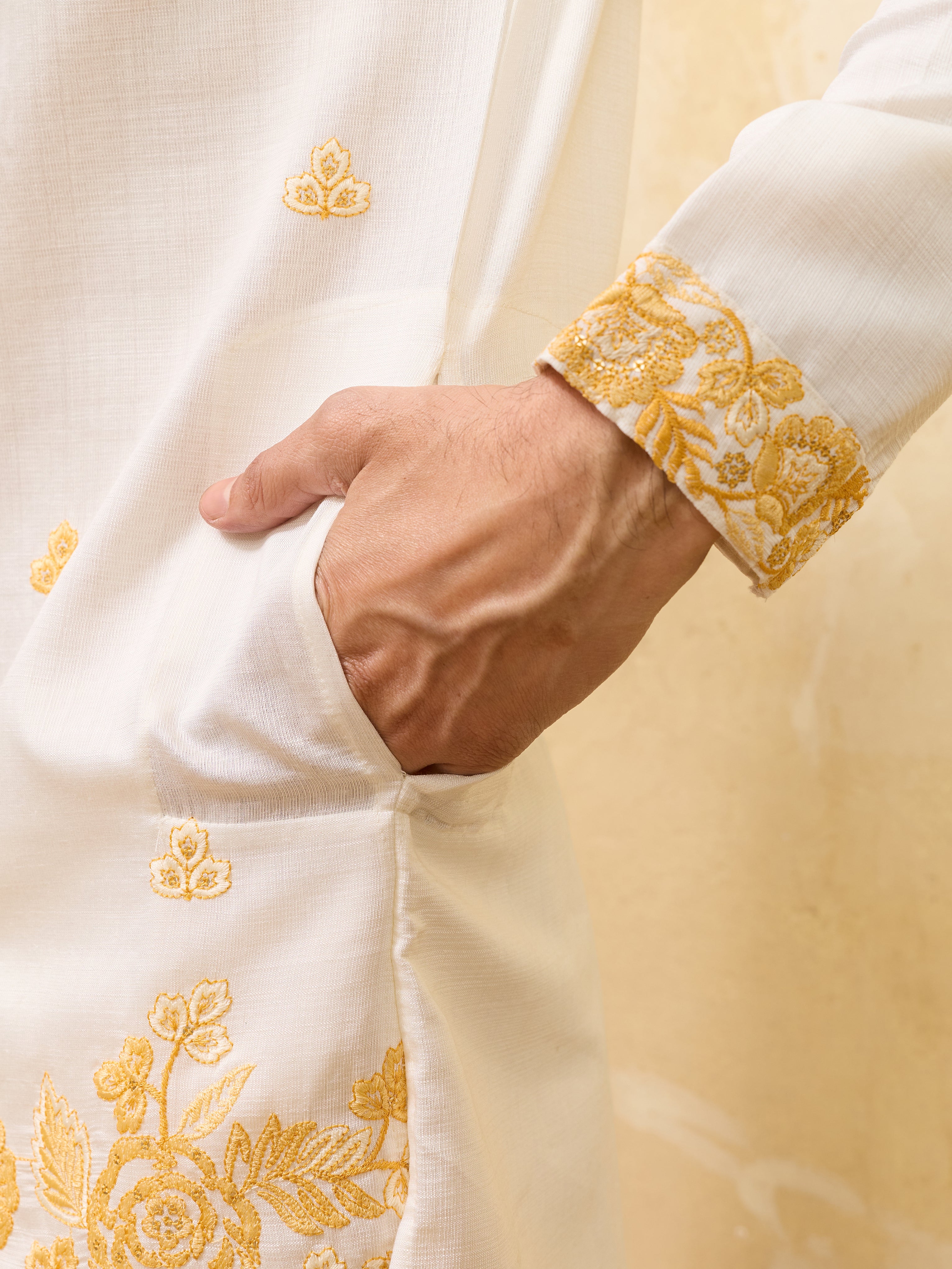 White Viscose Silk Kurta Dupatta Set With Yellow Embroidery Work
