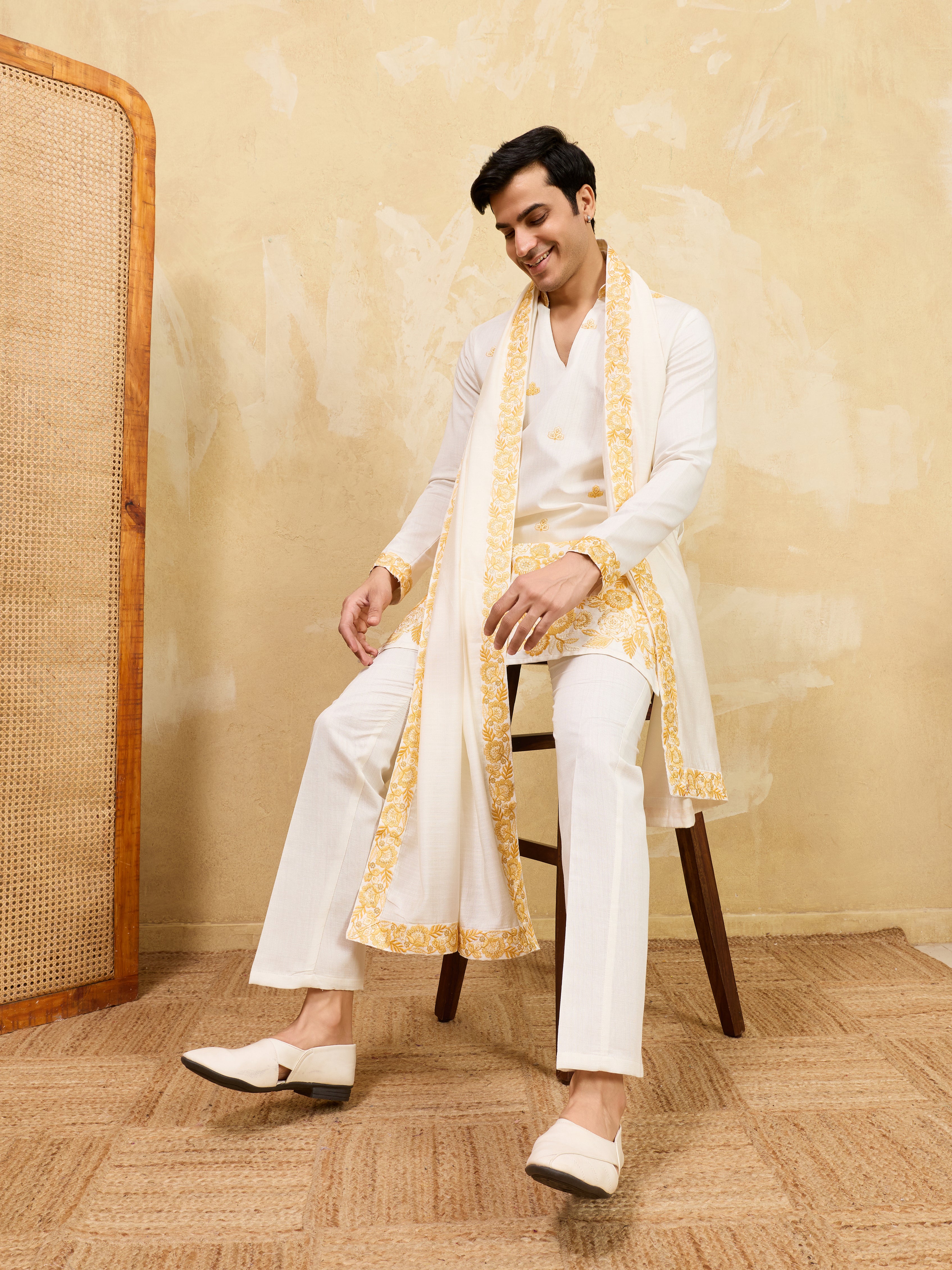 White Viscose Silk Kurta Dupatta Set With Yellow Embroidery Work
